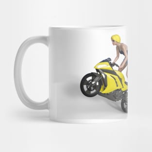 Stun lady on a yellow motorcycle Mug